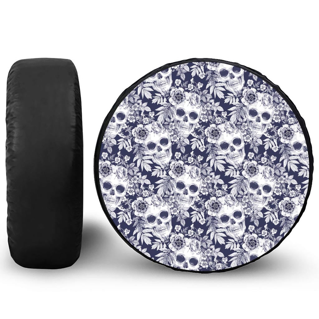 White Blue Skull Floral Pattern Print Leather Spare Tire Cover
