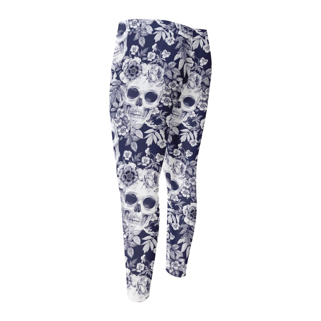 White Blue Skull Floral Pattern Print Men's Compression Pants