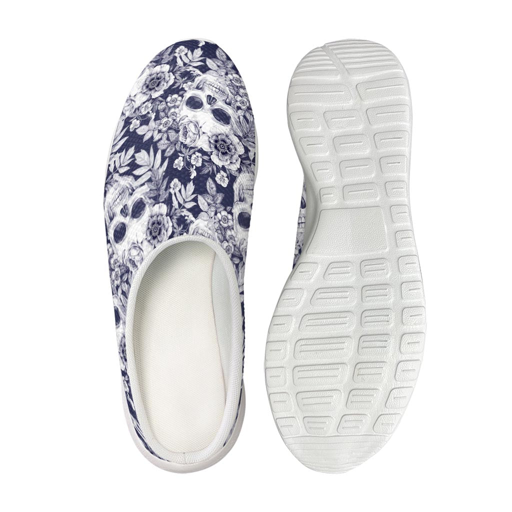 White Blue Skull Floral Pattern Print Mesh Casual Shoes
