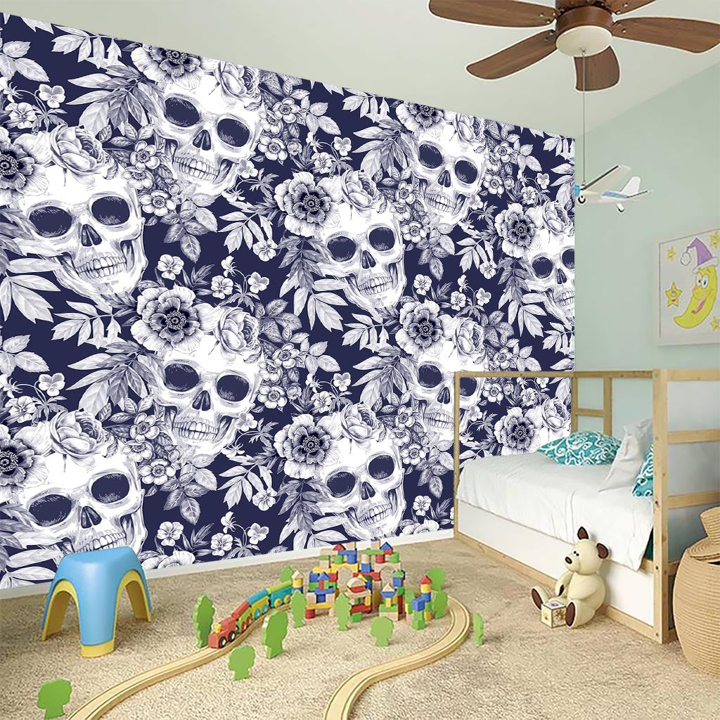 White Blue Skull Floral Pattern Print Wall Sticker