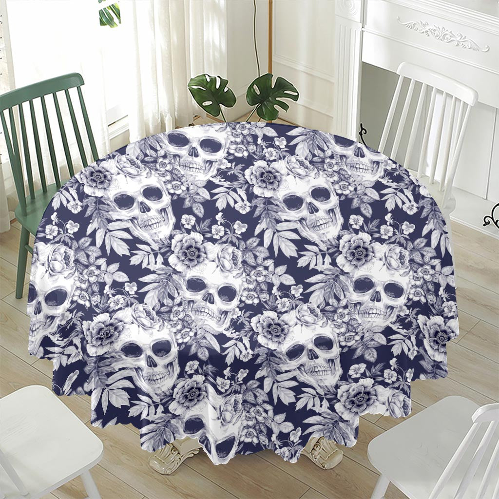 White Blue Skull Floral Pattern Print Waterproof Round Tablecloth