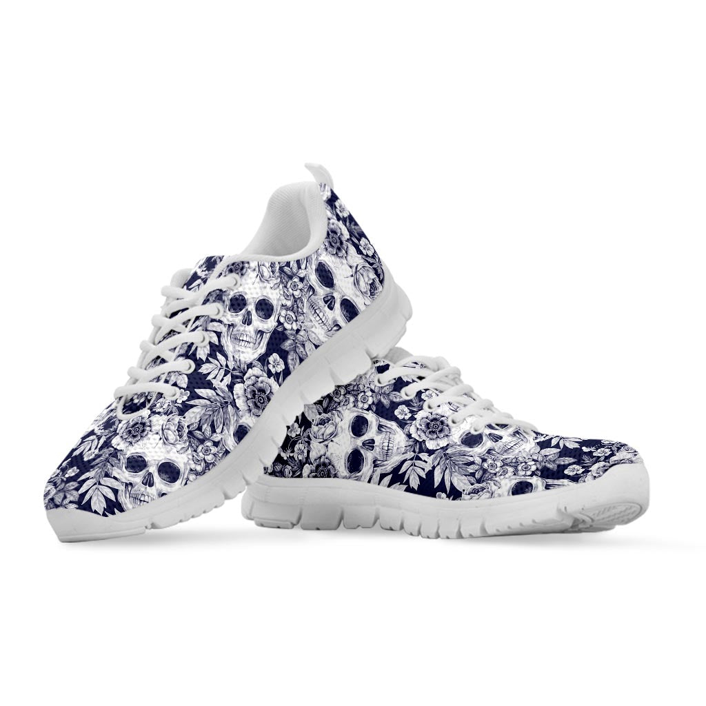 White Blue Skull Floral Pattern Print White Running Shoes