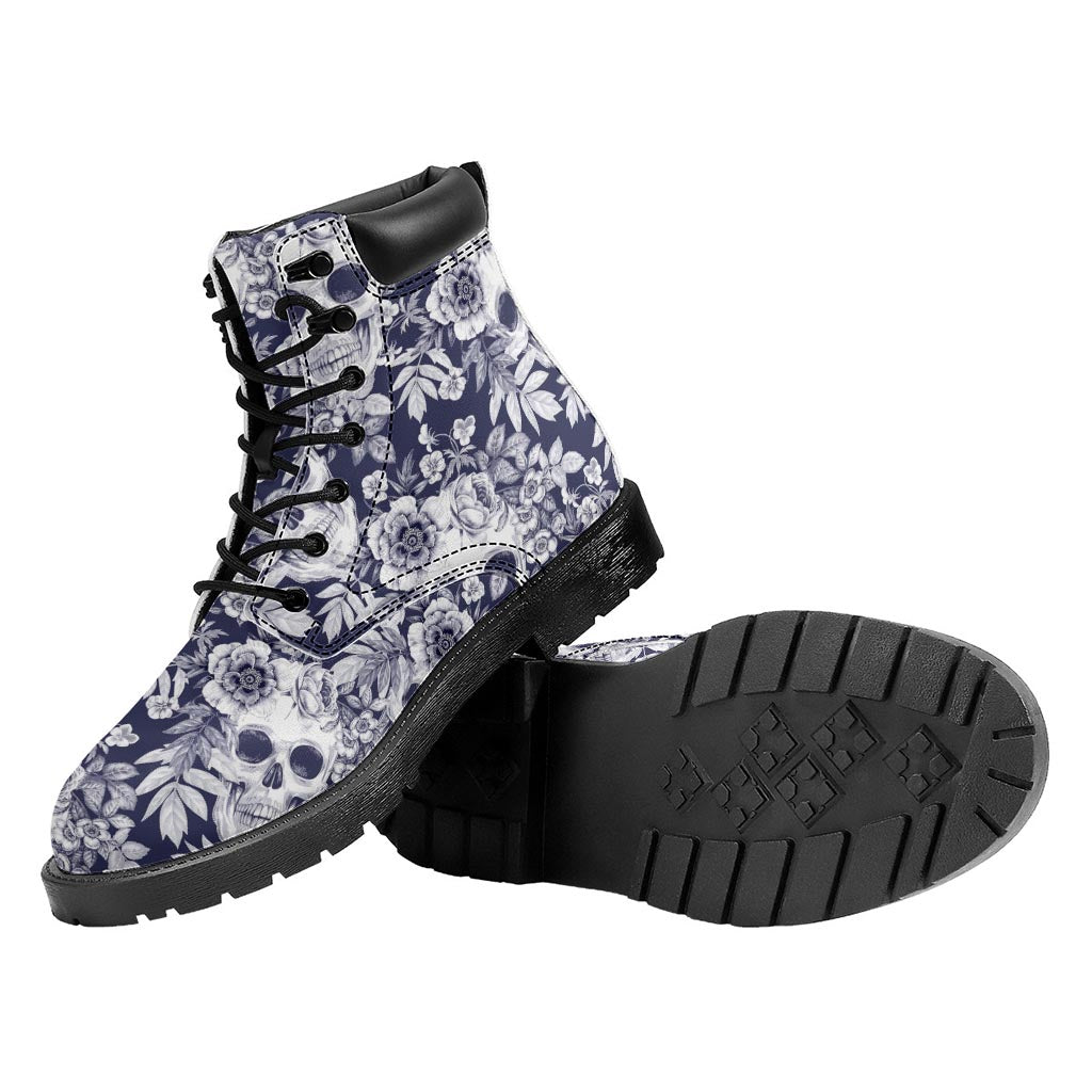 White Blue Skull Floral Pattern Print Work Boots