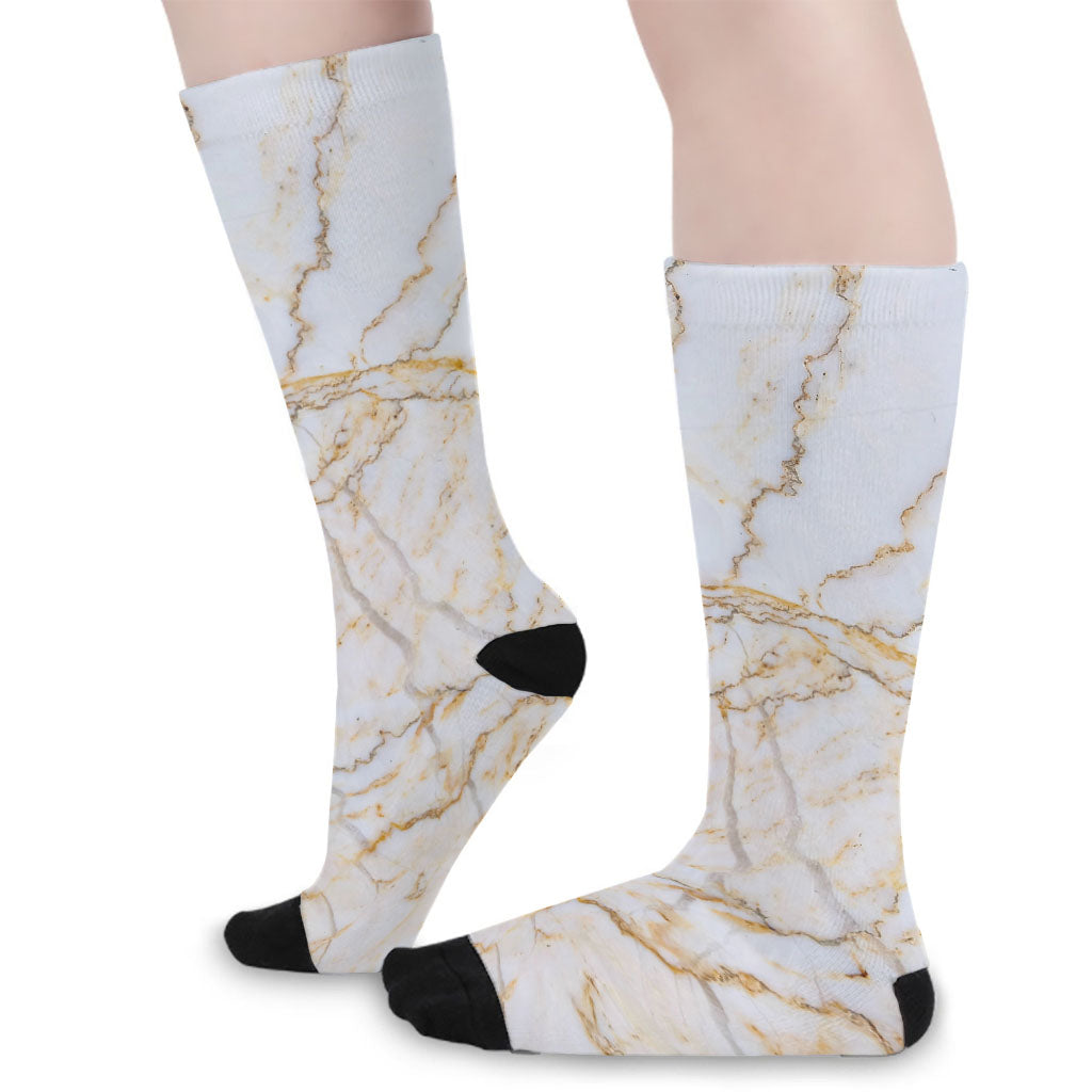 White Brown Grunge Marble Print Long Socks