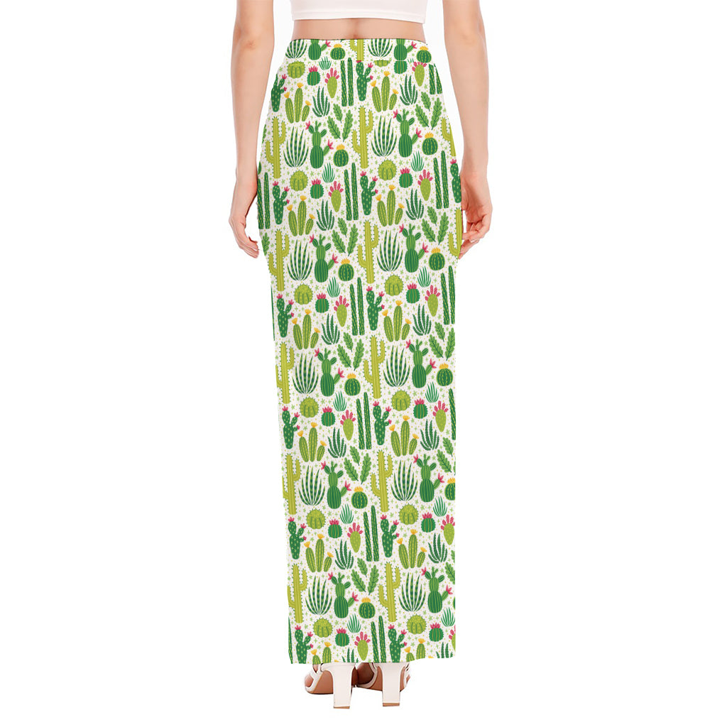 White Cactus Plant Pattern Print High Slit Maxi Skirt