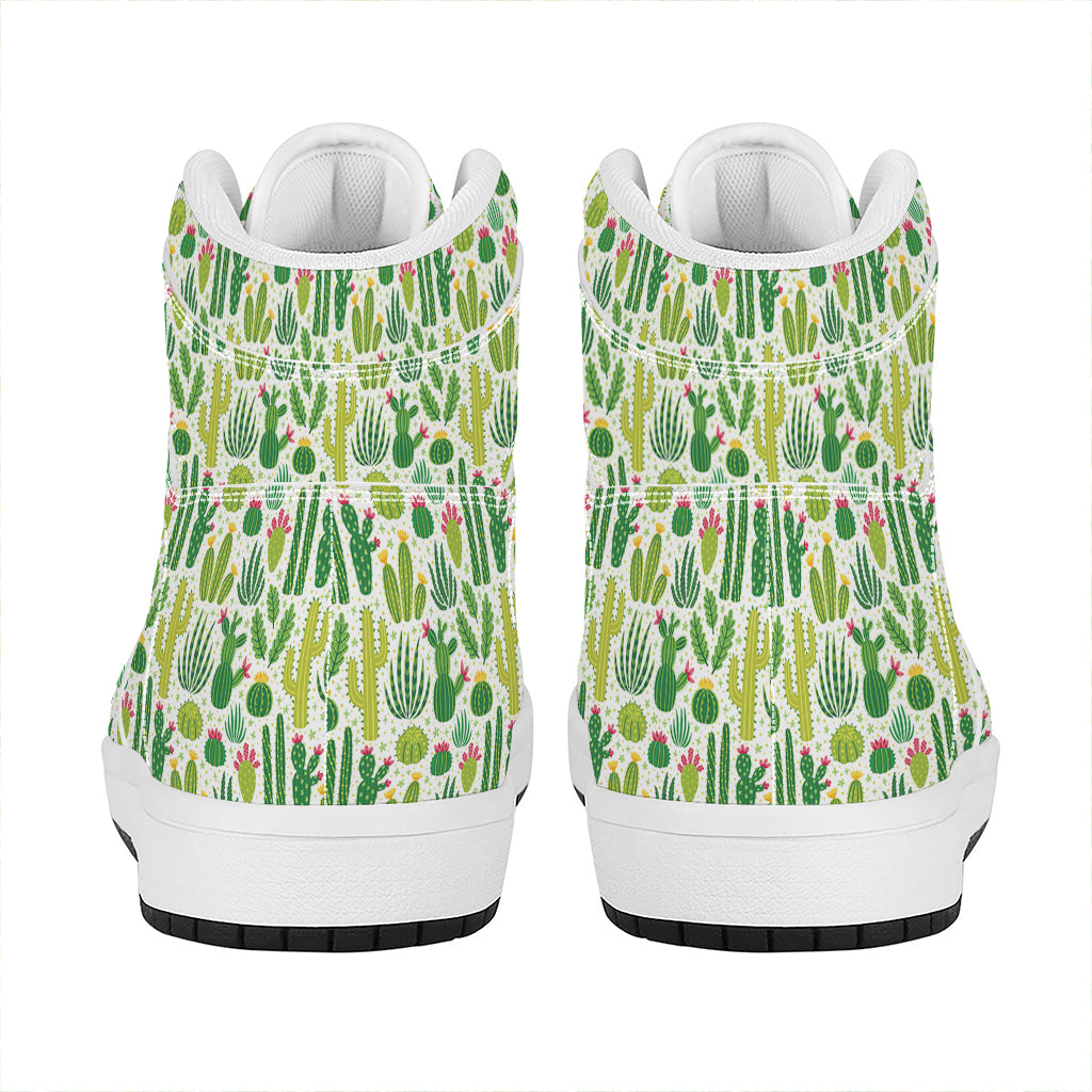 White Cactus Plant Pattern Print High Top Leather Sneakers