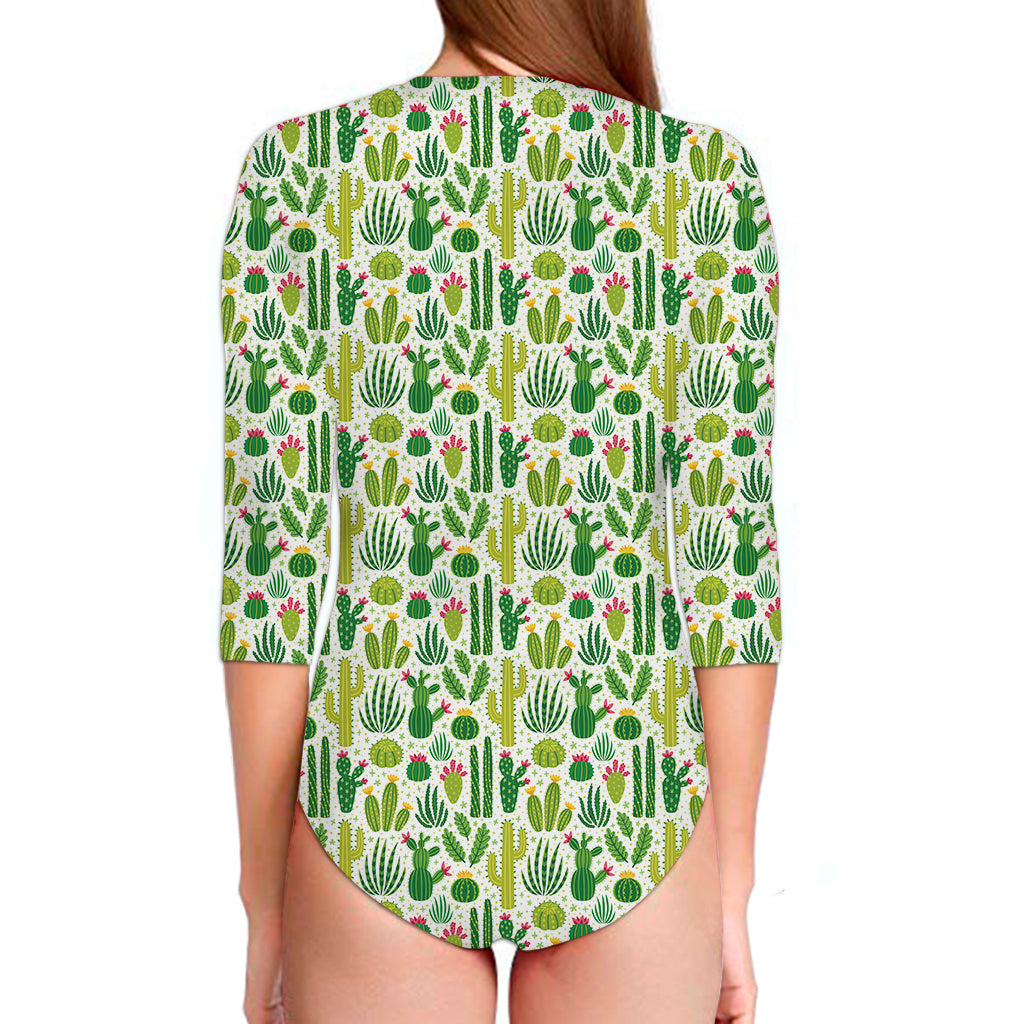White Cactus Plant Pattern Print Long Sleeve Swimsuit