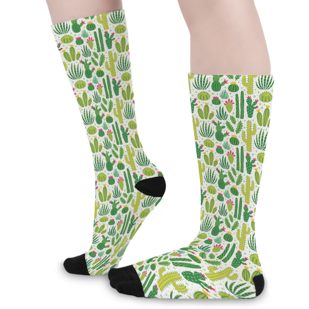 White Cactus Plant Pattern Print Long Socks