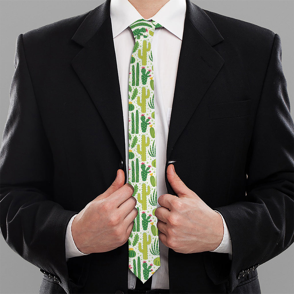 White Cactus Plant Pattern Print Necktie