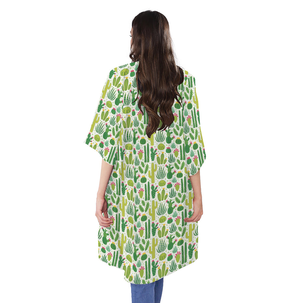 White Cactus Plant Pattern Print Open Front Beach Cover Up