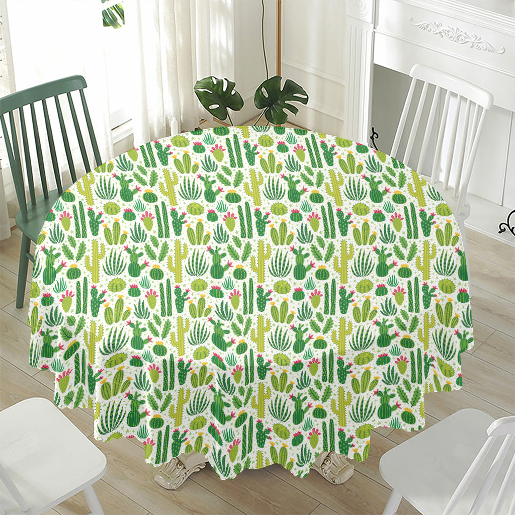 White Cactus Plant Pattern Print Waterproof Round Tablecloth
