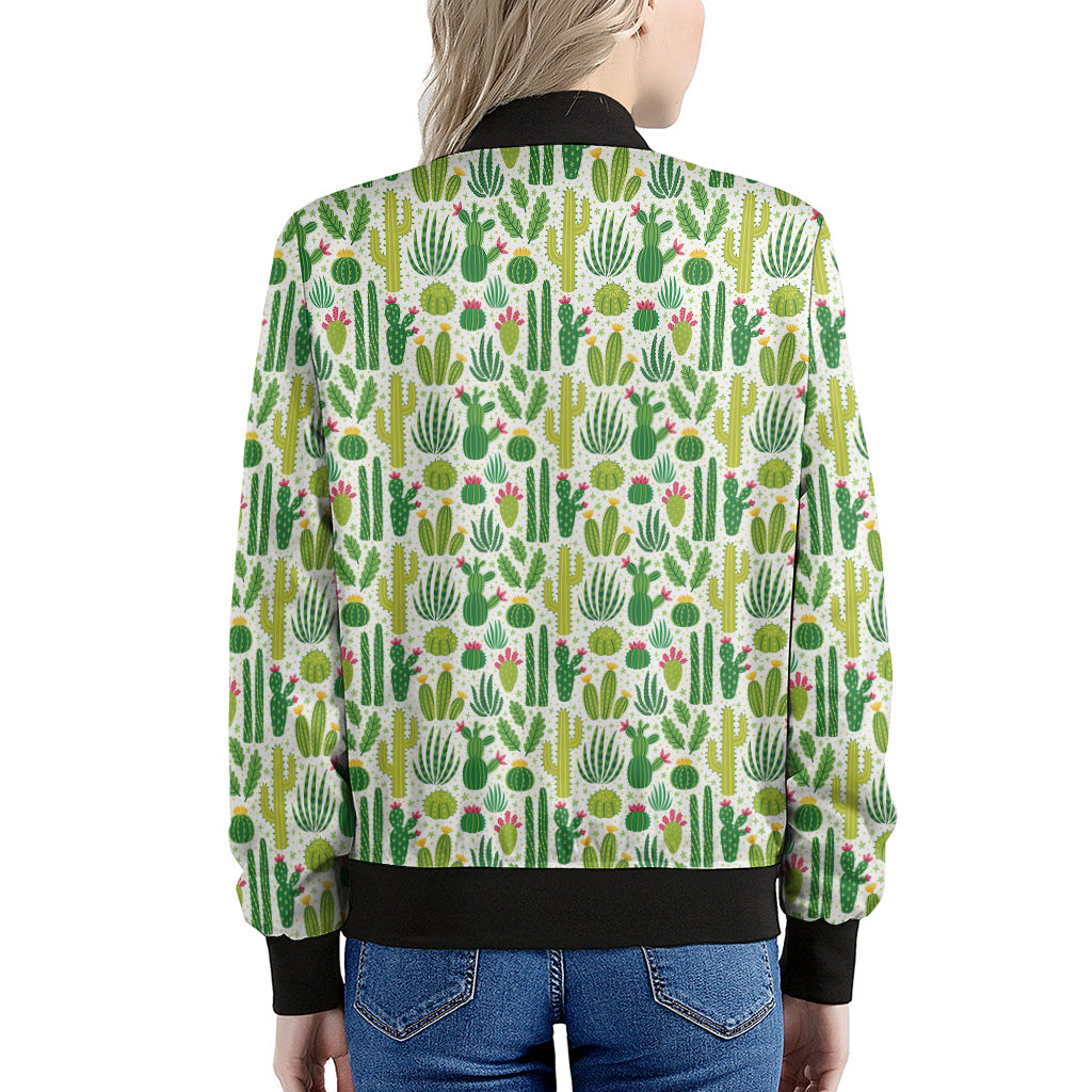 White Cactus Plant Pattern Print Women's Bomber Jacket