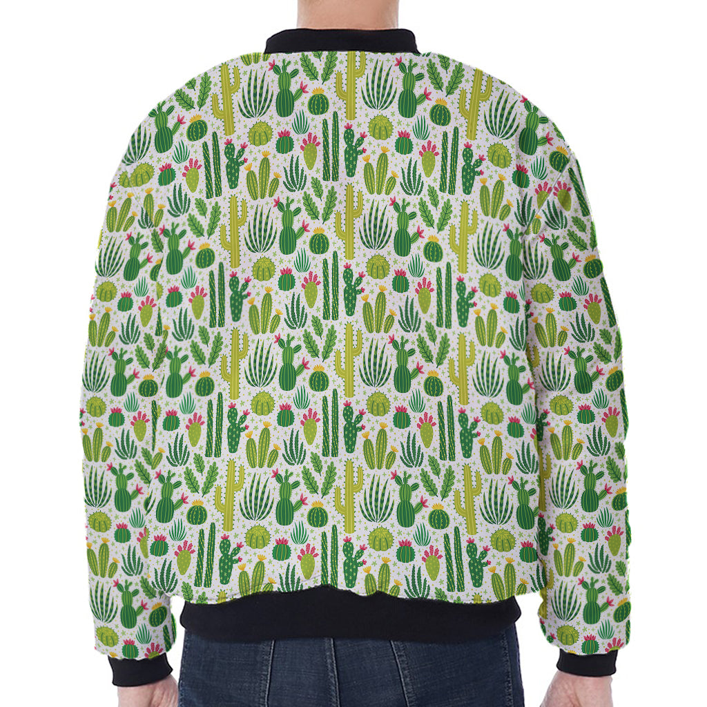 White Cactus Plant Pattern Print Zip Sleeve Bomber Jacket