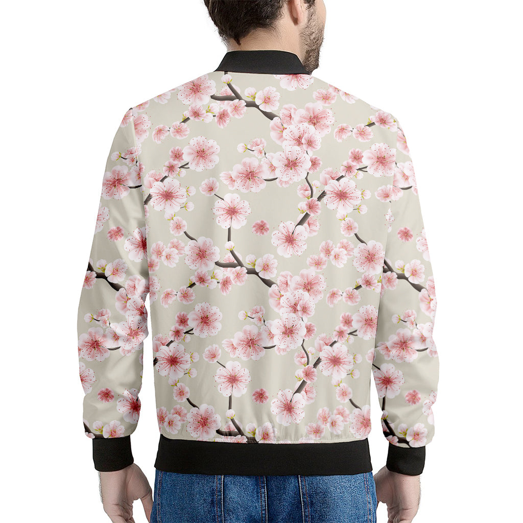 White Cherry Blossom Pattern Print Men's Bomber Jacket