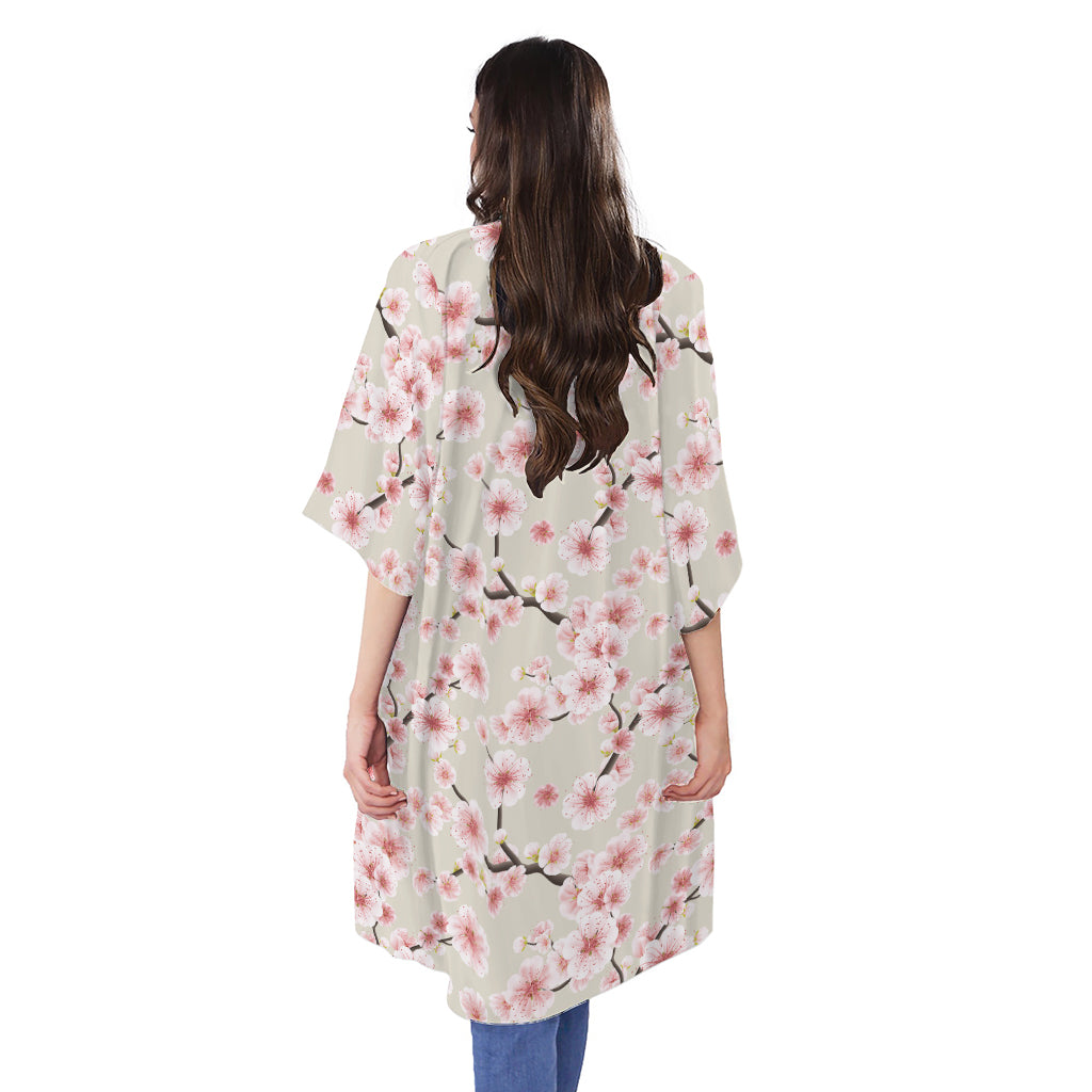 White Cherry Blossom Pattern Print Open Front Beach Cover Up