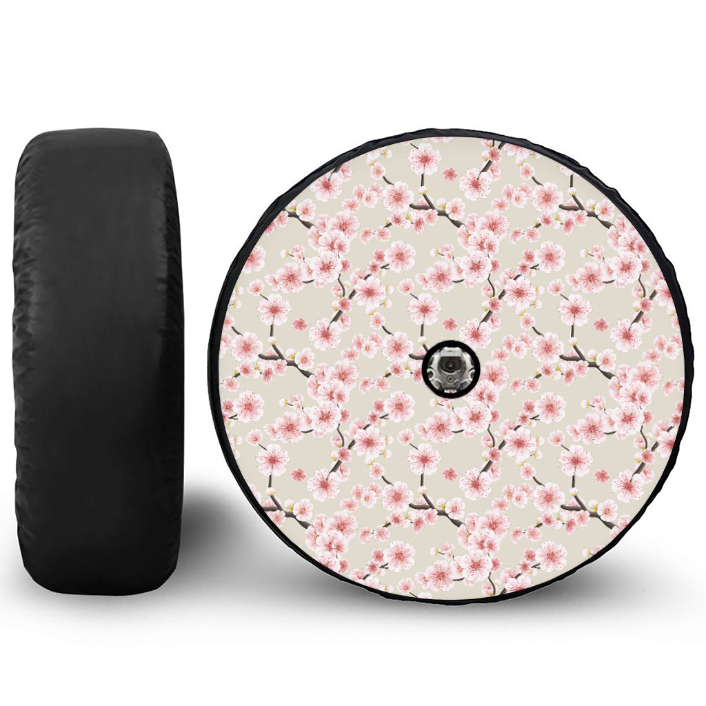 White Cherry Blossom Pattern Print Tire Cover With Camera Hole
