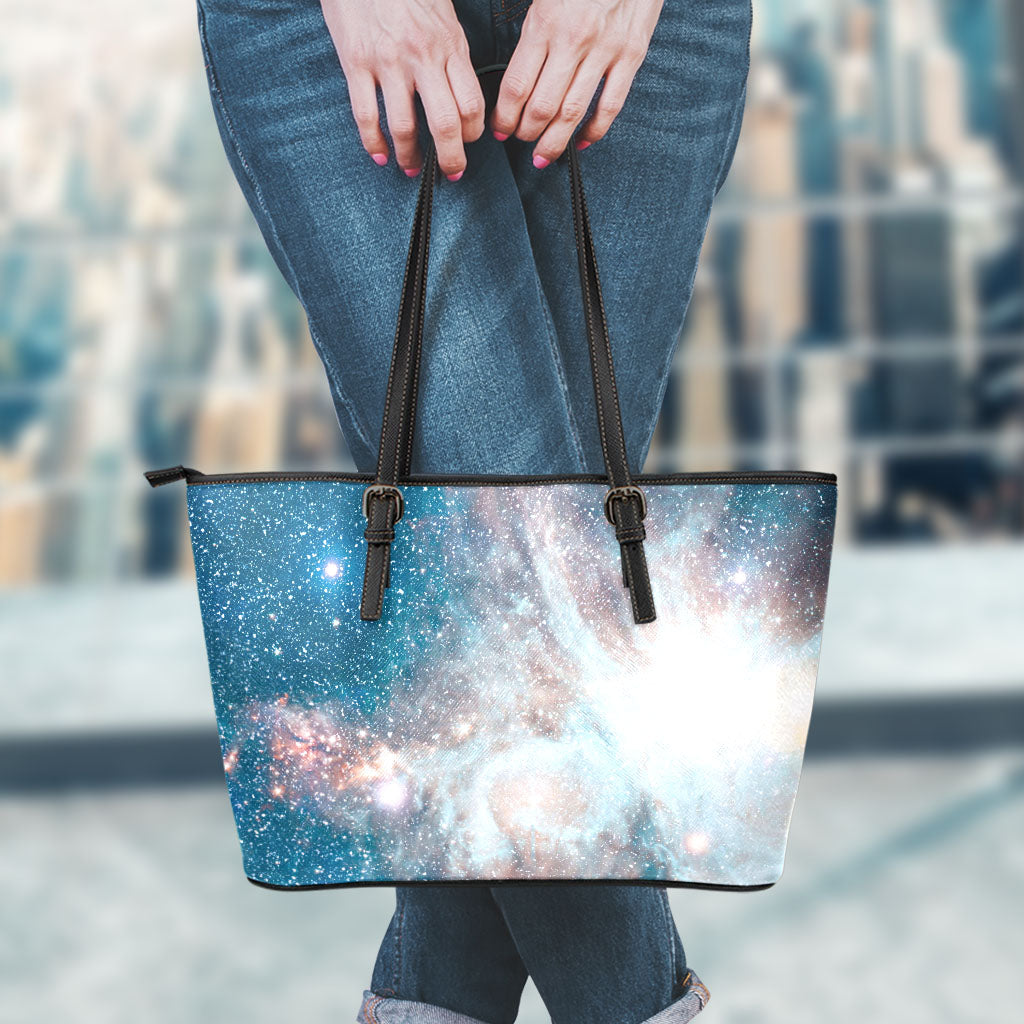 White Cloud Galaxy Space Print Leather Tote Bag