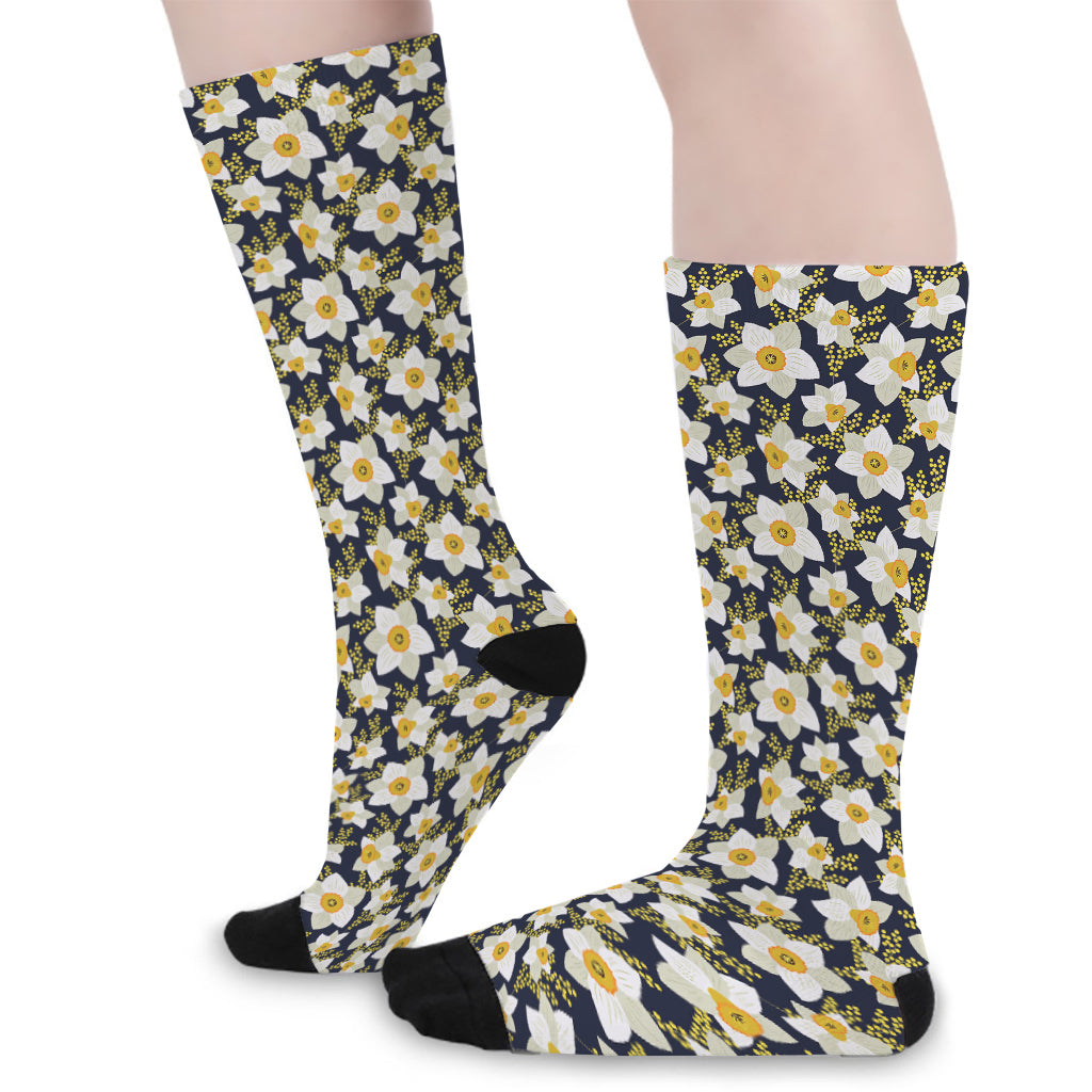 White Daffodil Flower Pattern Print Long Socks