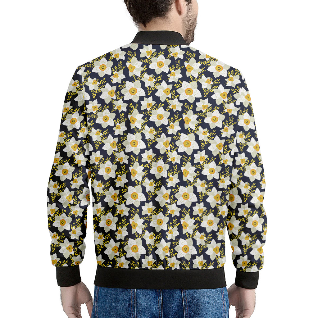 White Daffodil Flower Pattern Print Men's Bomber Jacket
