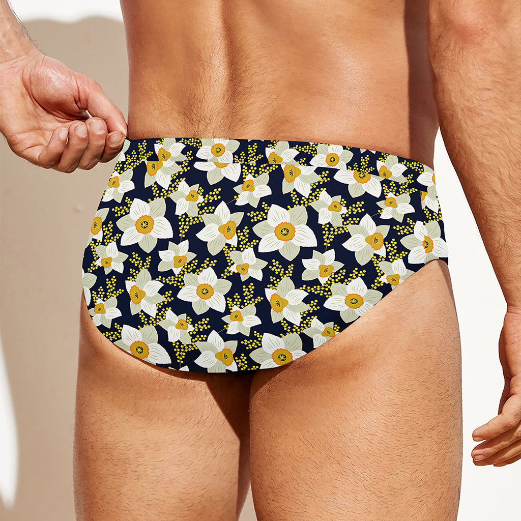 White Daffodil Flower Pattern Print Men's Swim Briefs