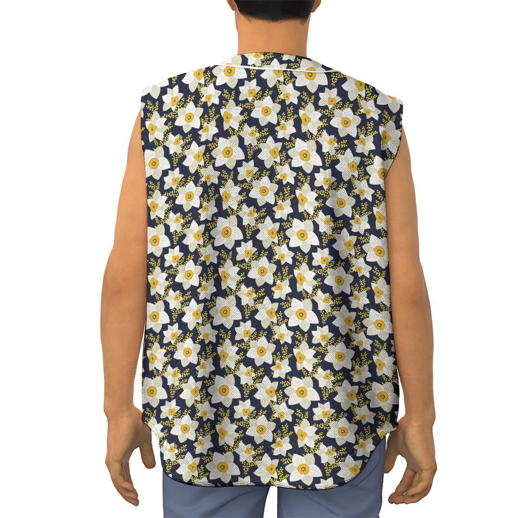 White Daffodil Flower Pattern Print Sleeveless Baseball Jersey