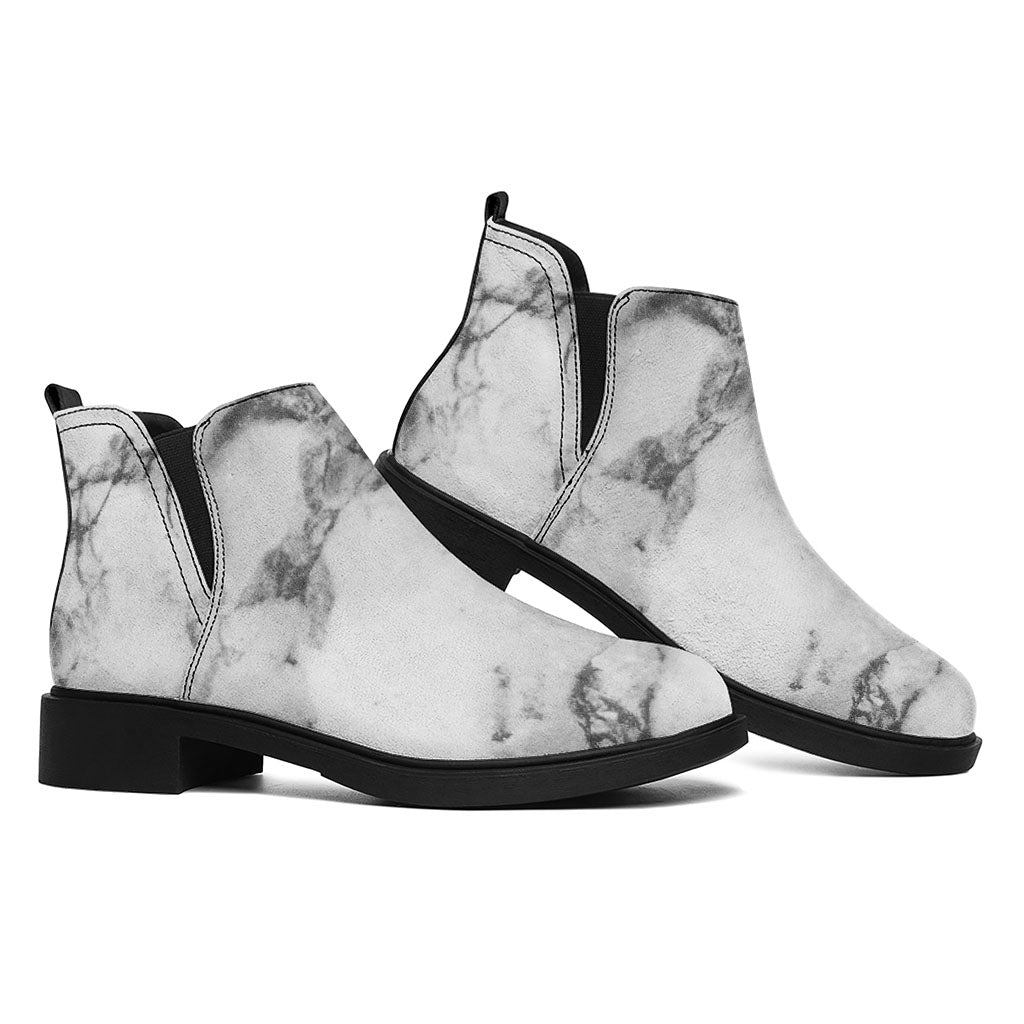 White Dark Grey Marble Print Flat Ankle Boots