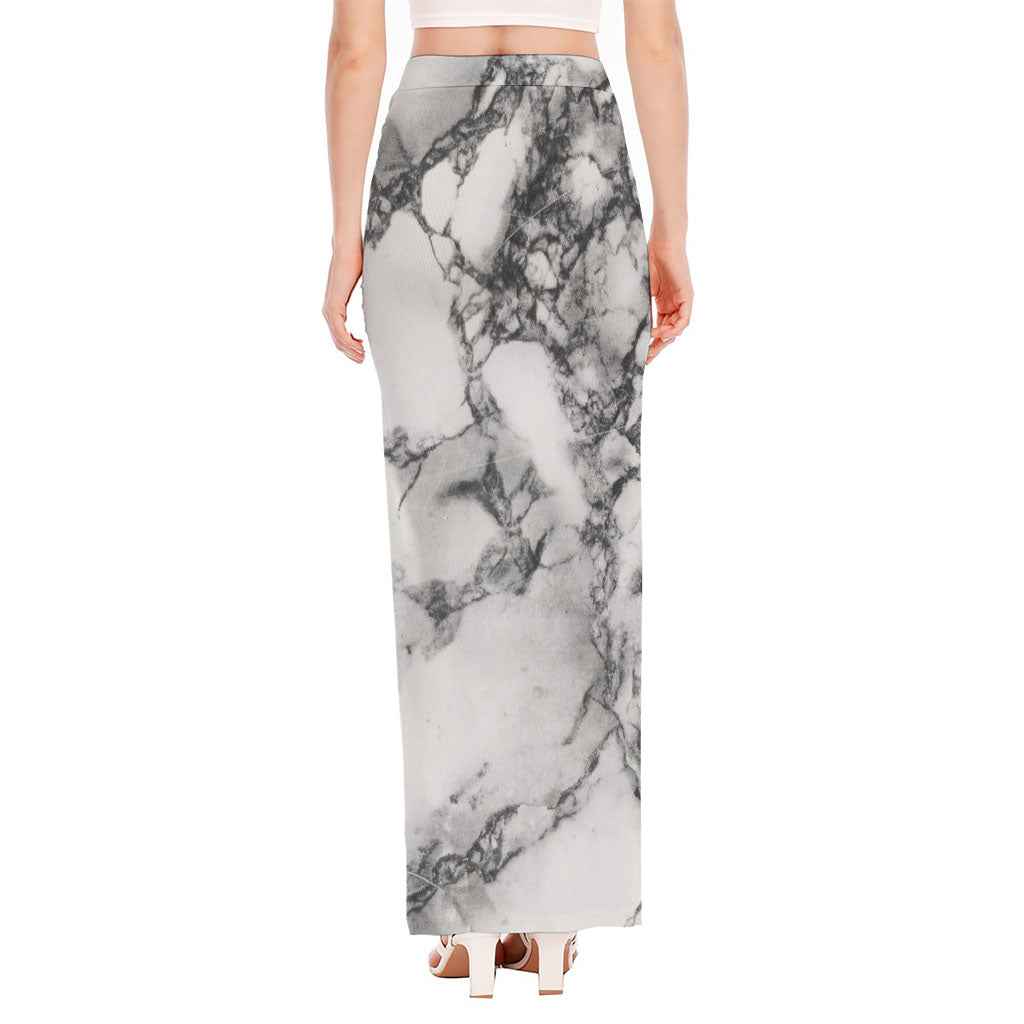 White Dark Grey Marble Print High Slit Maxi Skirt