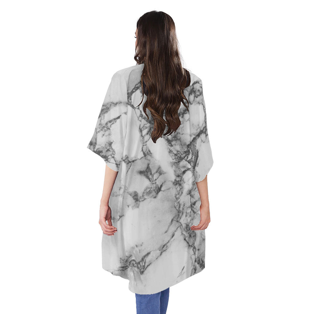 White Dark Grey Marble Print Open Front Beach Cover Up