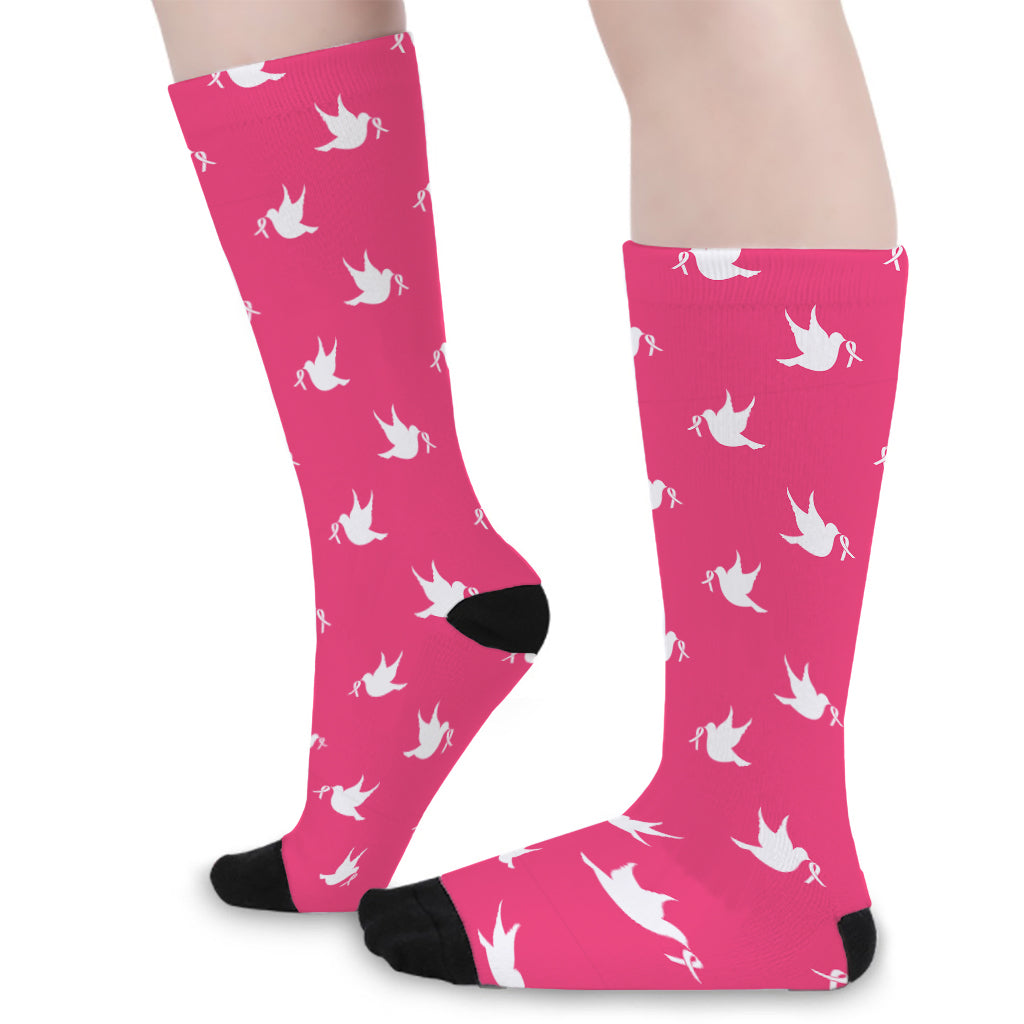 White Dove Breast Cancer Pattern Print Long Socks