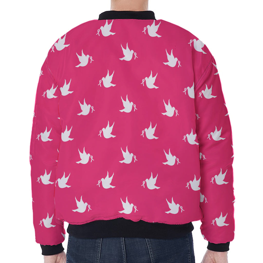 White Dove Breast Cancer Pattern Print Zip Sleeve Bomber Jacket