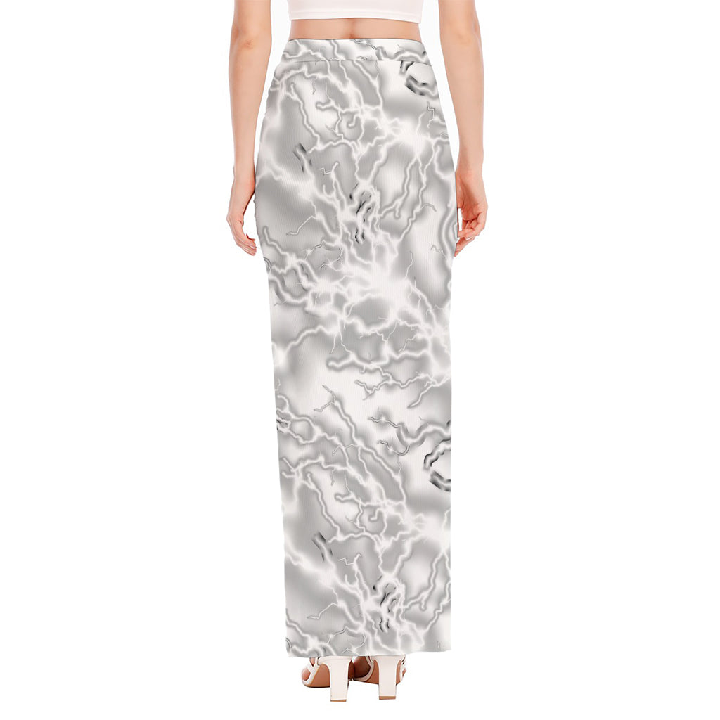 White Electric Lightning Print High Slit Maxi Skirt