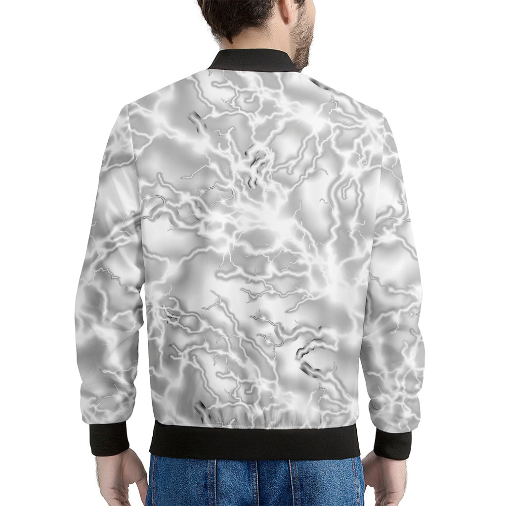 White Electric Lightning Print Men's Bomber Jacket