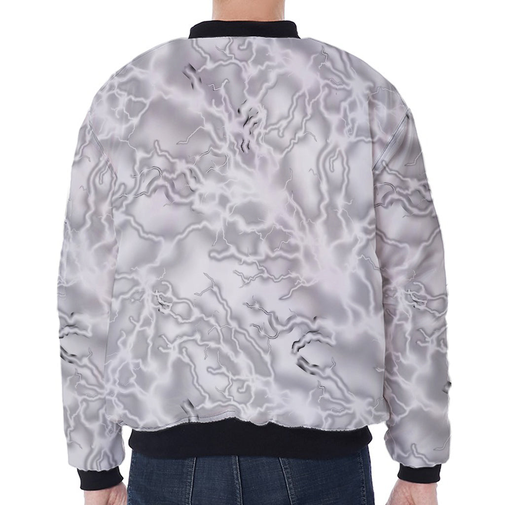 White Electric Lightning Print Zip Sleeve Bomber Jacket