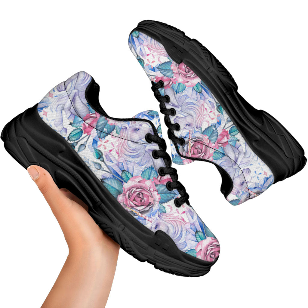 White Fairy Rose Unicorn Pattern Print Black Chunky Shoes