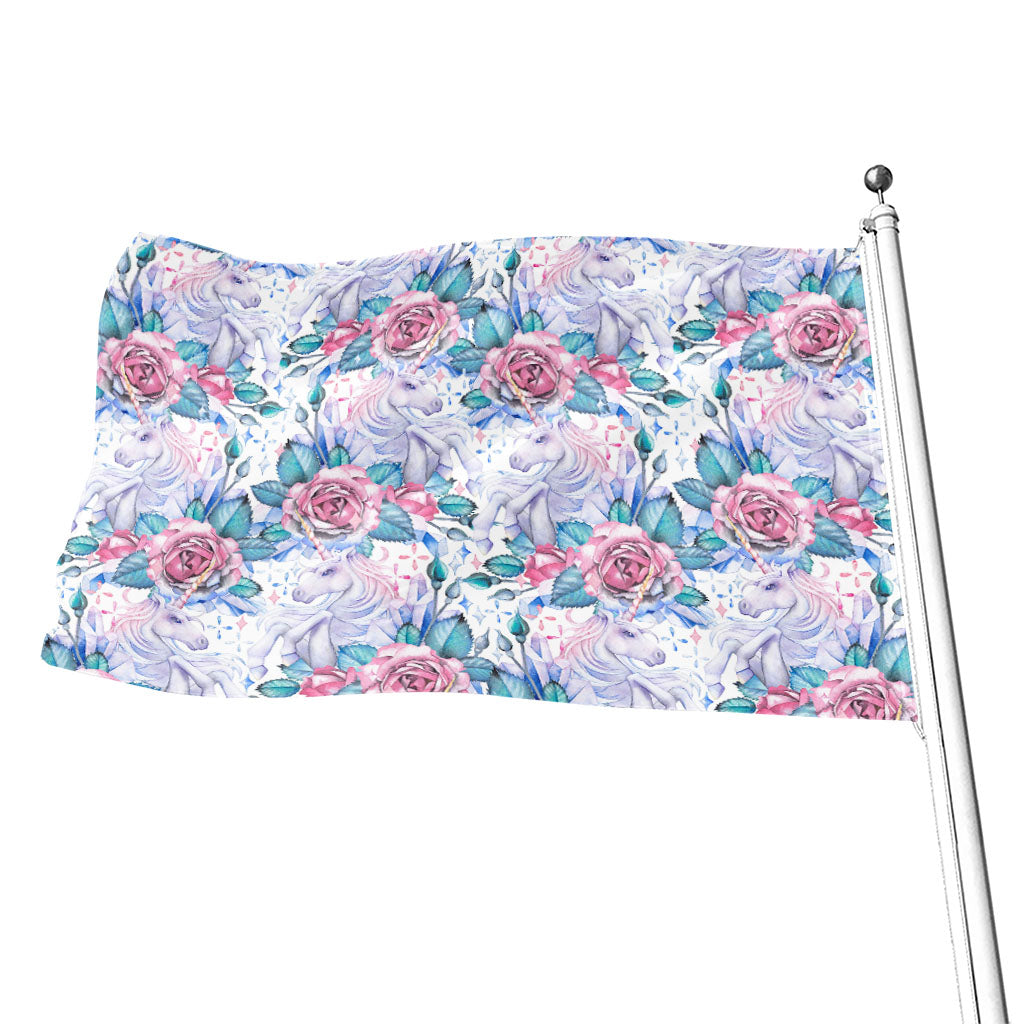 White Fairy Rose Unicorn Pattern Print Flag