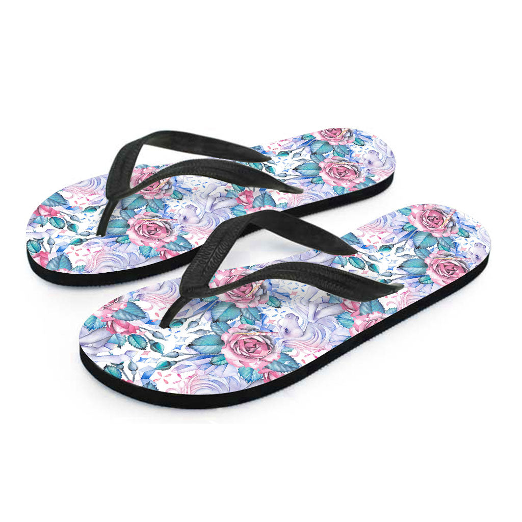 White Fairy Rose Unicorn Pattern Print Flip Flops