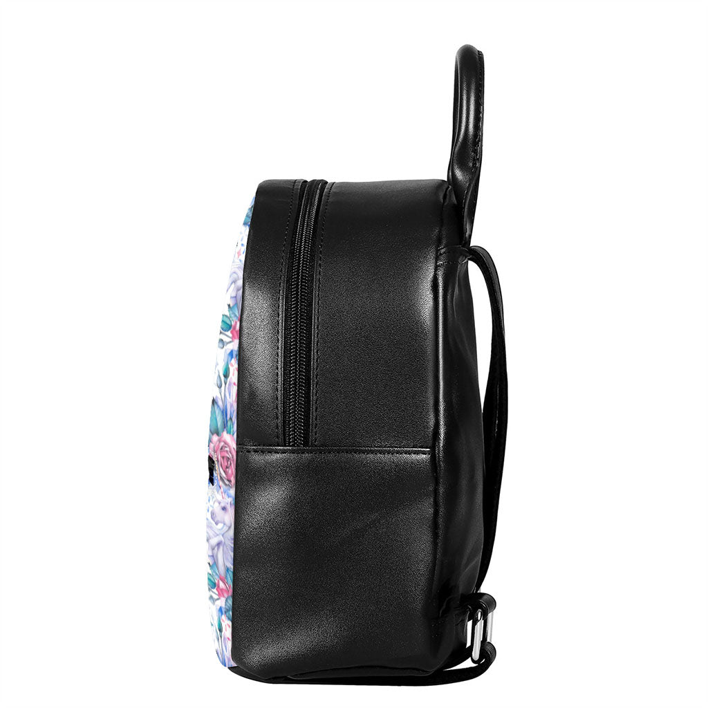 White Fairy Rose Unicorn Pattern Print Leather Backpack
