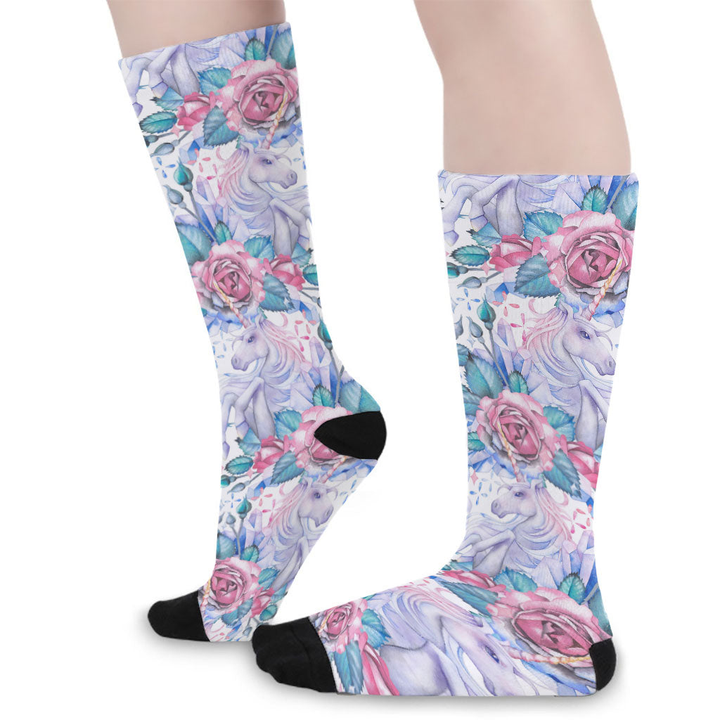 White Fairy Rose Unicorn Pattern Print Long Socks