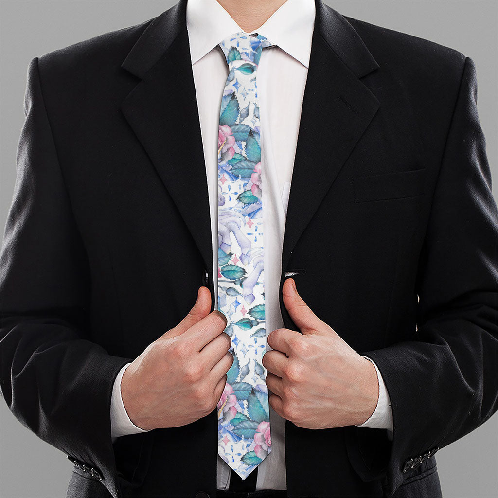 White Fairy Rose Unicorn Pattern Print Necktie
