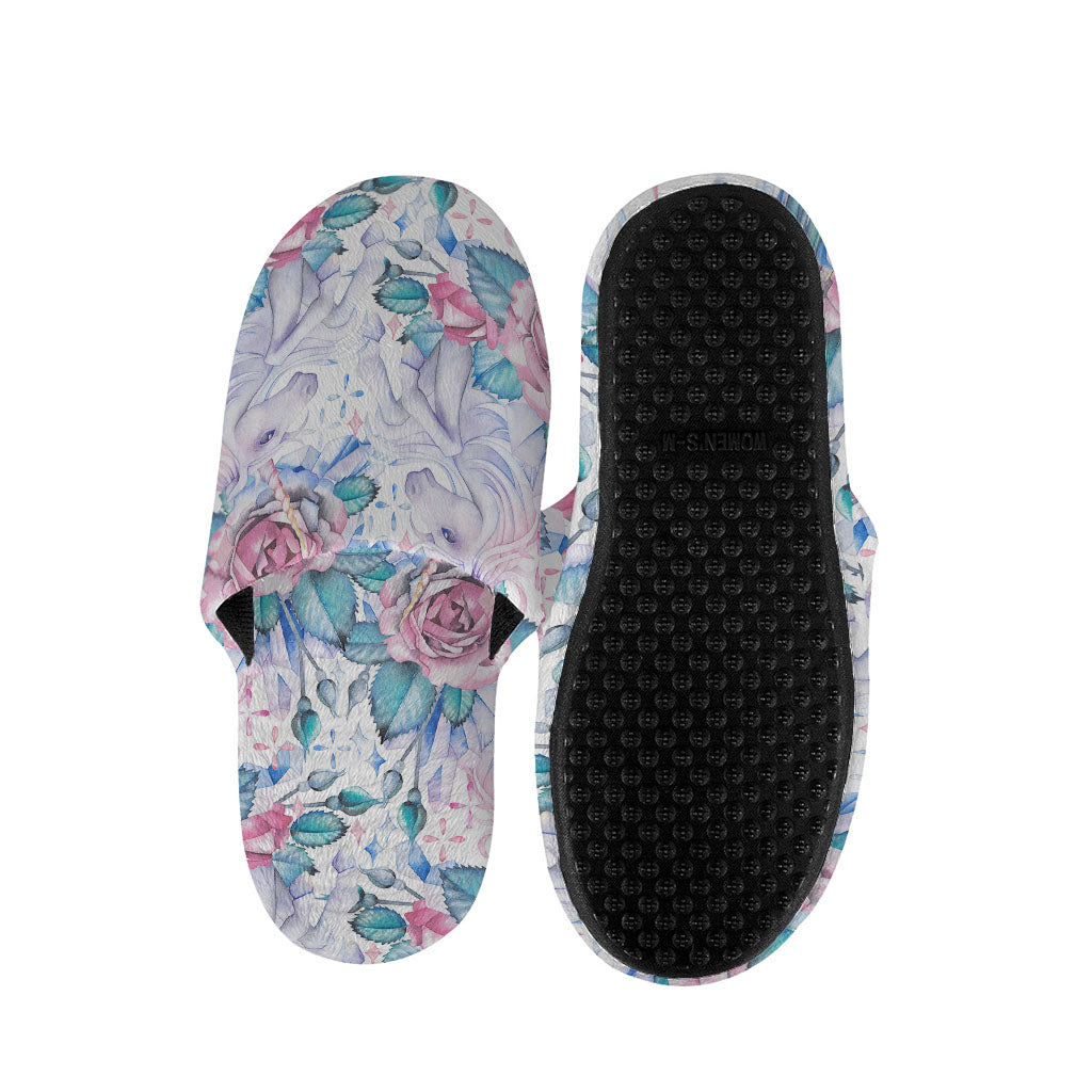 White Fairy Rose Unicorn Pattern Print Slippers