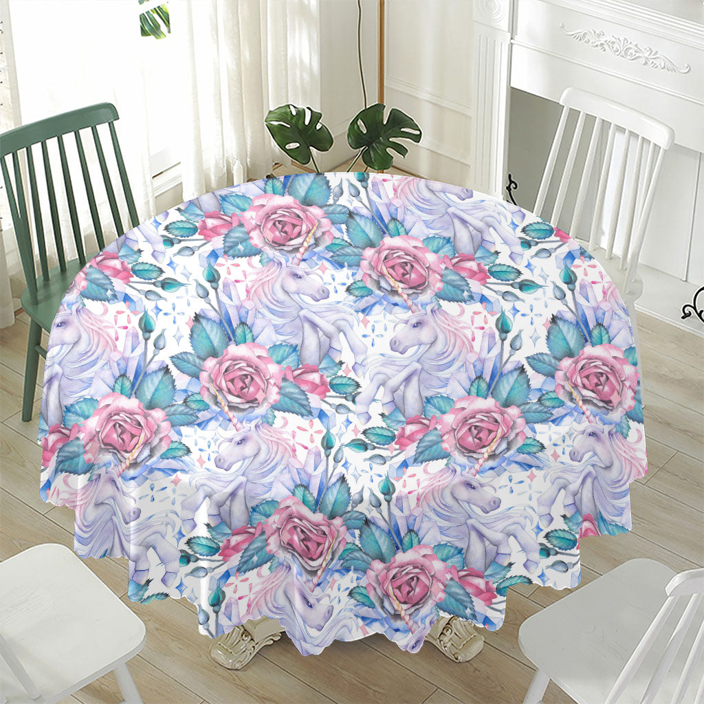 White Fairy Rose Unicorn Pattern Print Waterproof Round Tablecloth