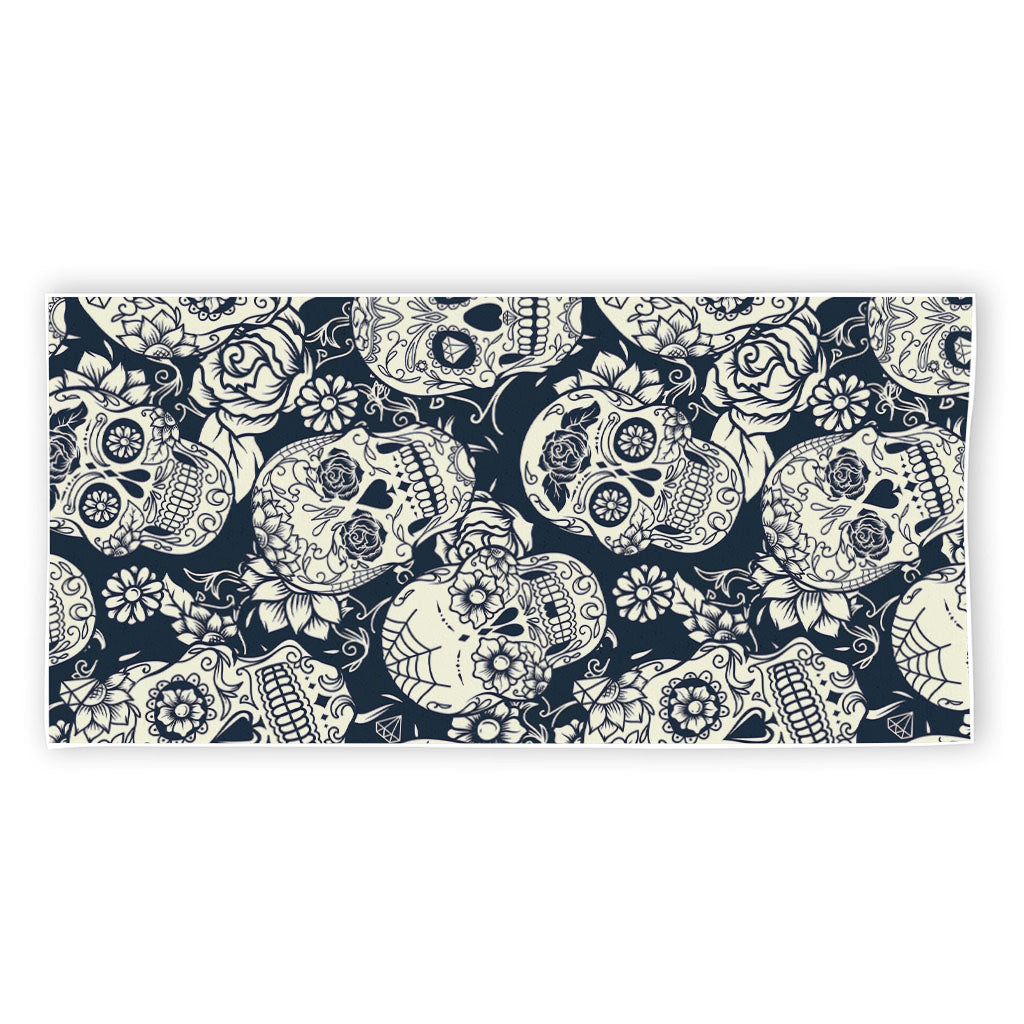 White Floral Sugar Skull Pattern Print Beach Towel