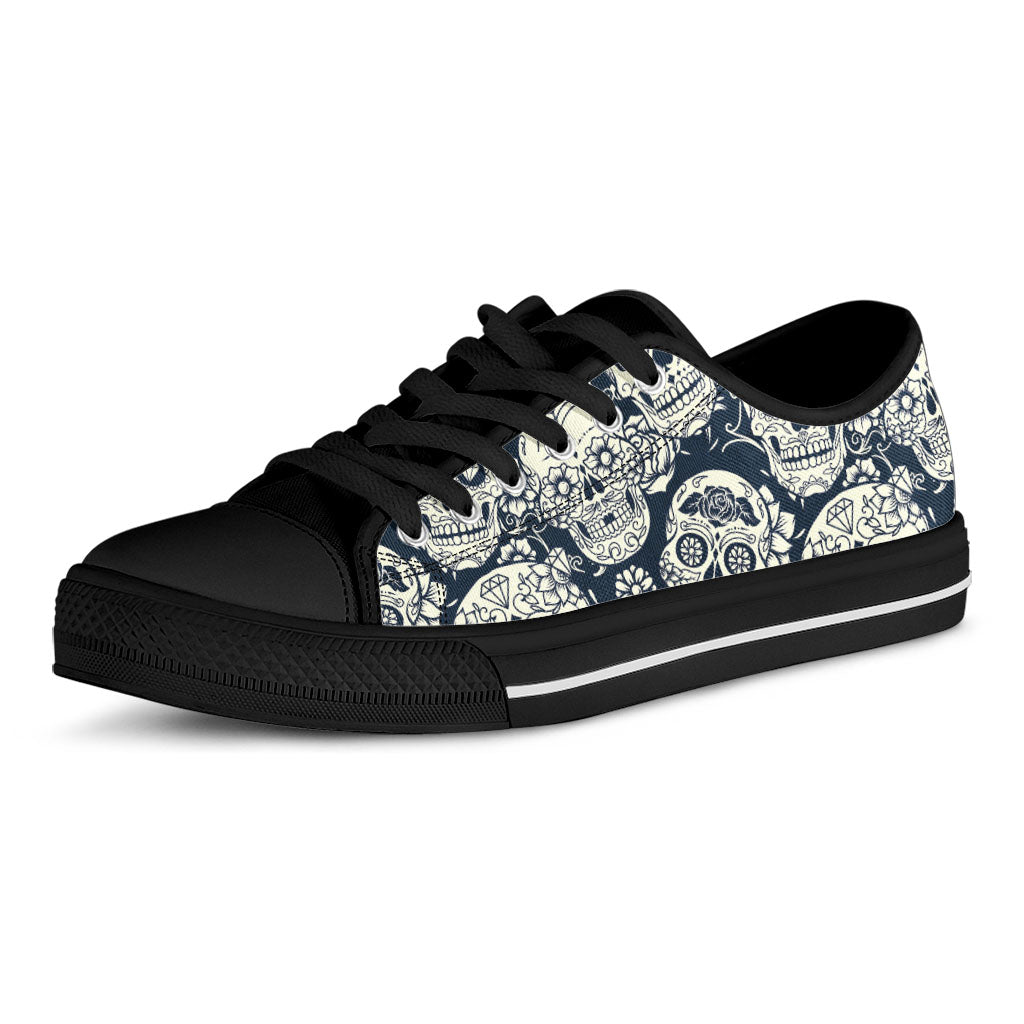 White Floral Sugar Skull Pattern Print Black Low Top Sneakers