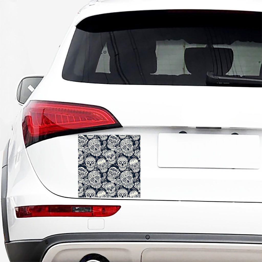 White Floral Sugar Skull Pattern Print Car Sticker
