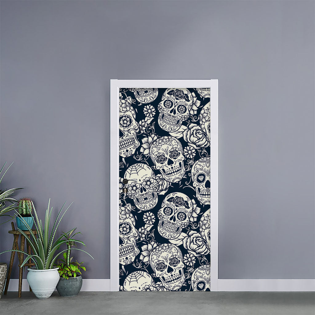 White Floral Sugar Skull Pattern Print Door Sticker