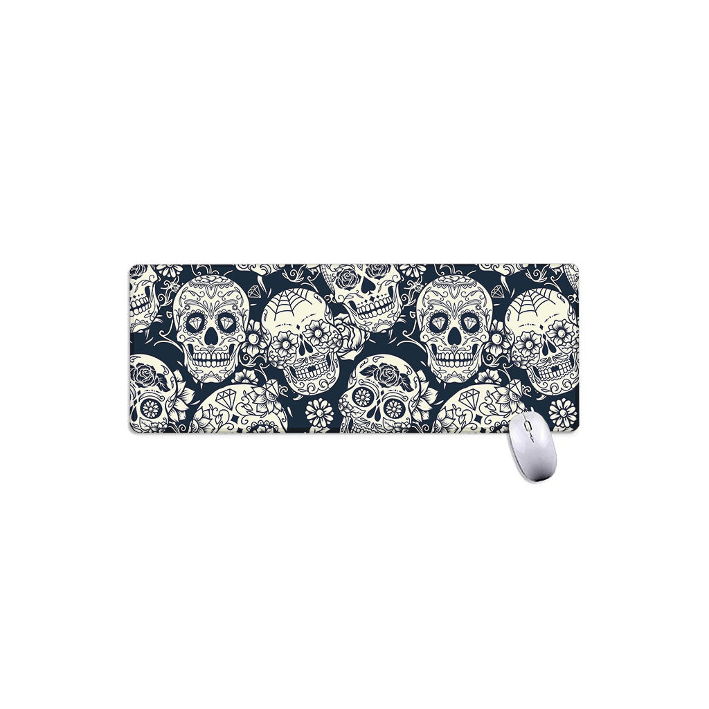 White Floral Sugar Skull Pattern Print Extended Mouse Pad
