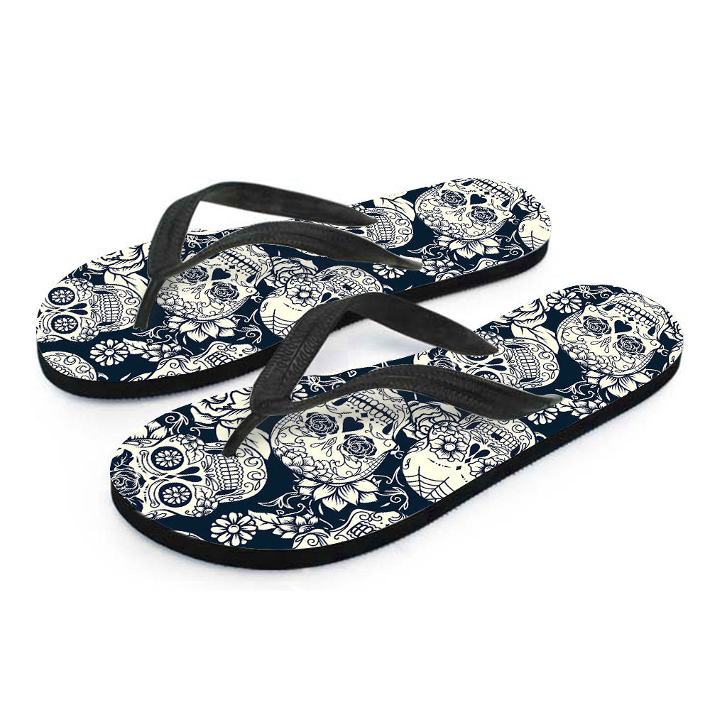 White Floral Sugar Skull Pattern Print Flip Flops