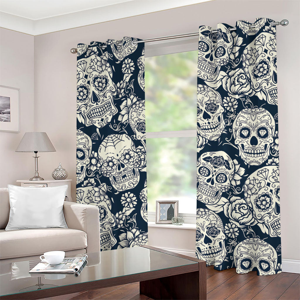 White Floral Sugar Skull Pattern Print Grommet Curtains
