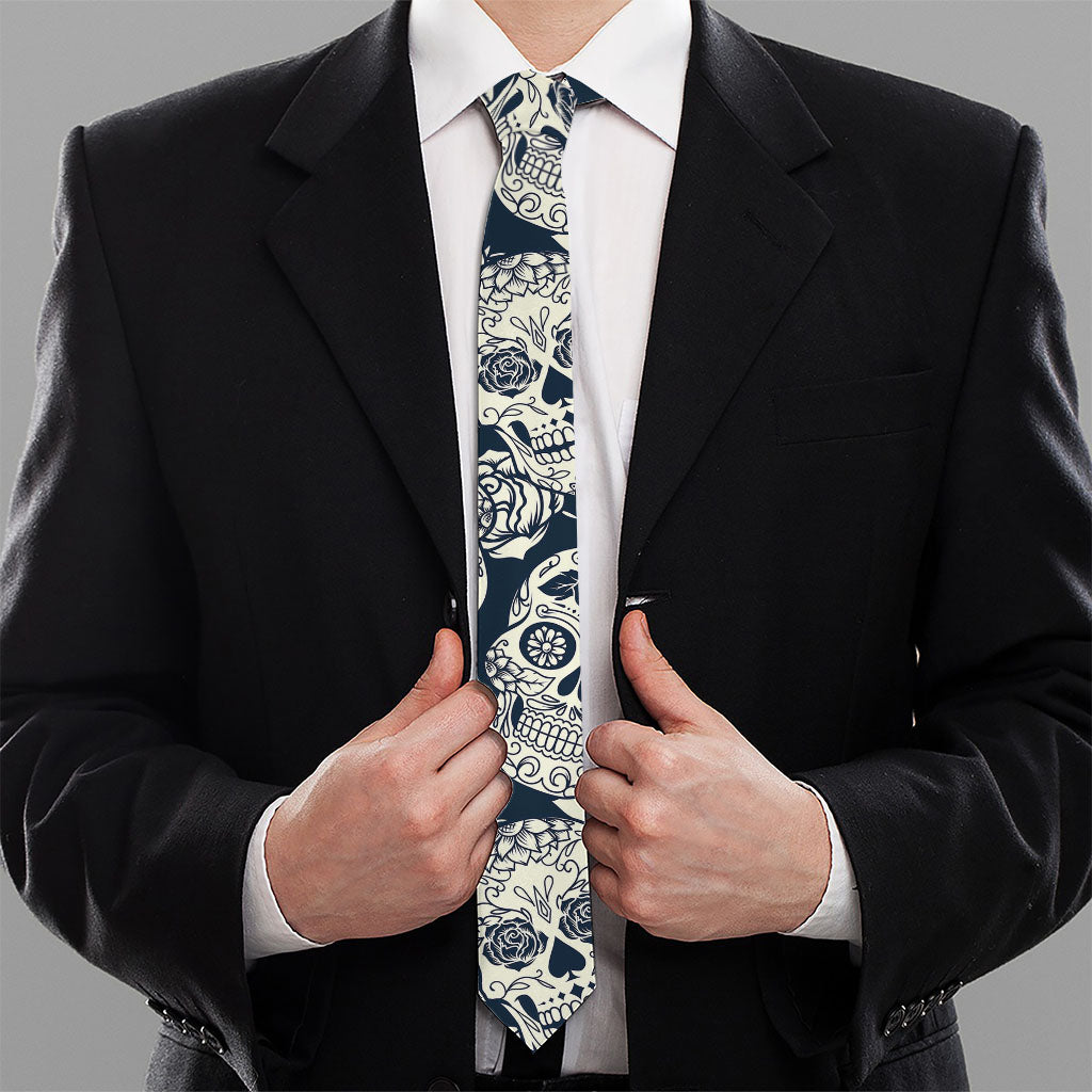 White Floral Sugar Skull Pattern Print Necktie