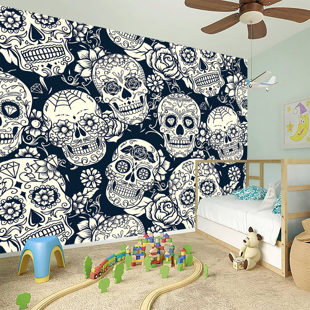 White Floral Sugar Skull Pattern Print Wall Sticker